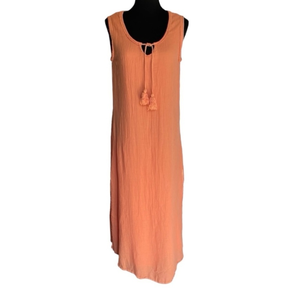Boho Cotton Gauze Midi Dress Coral | S/M | Sleeveless Resort Beach Vacation NWT